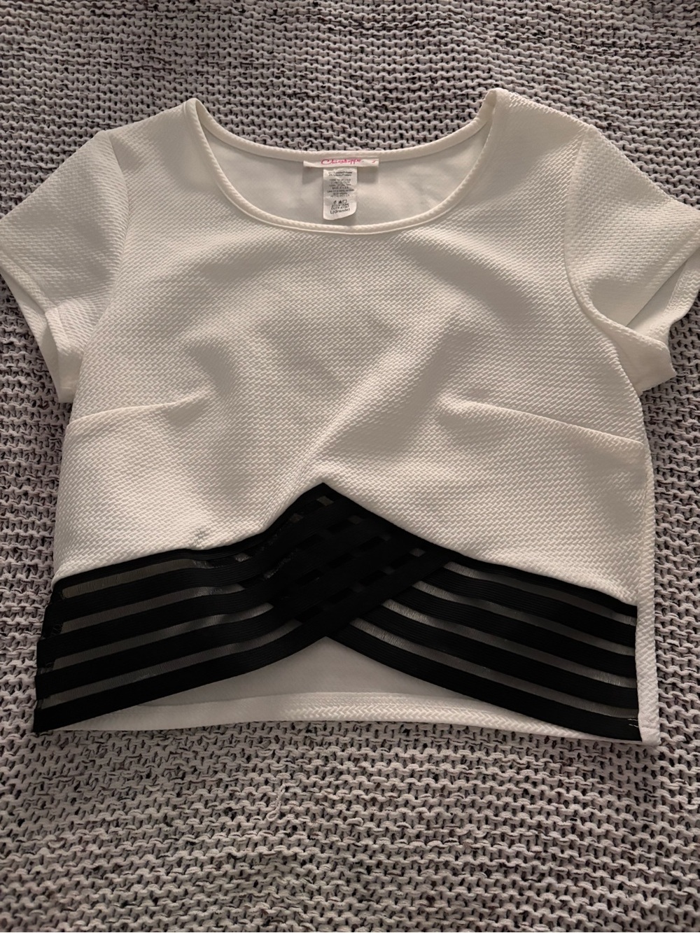 White Cropped Short-Sleeve Top with Black Stripe Hem